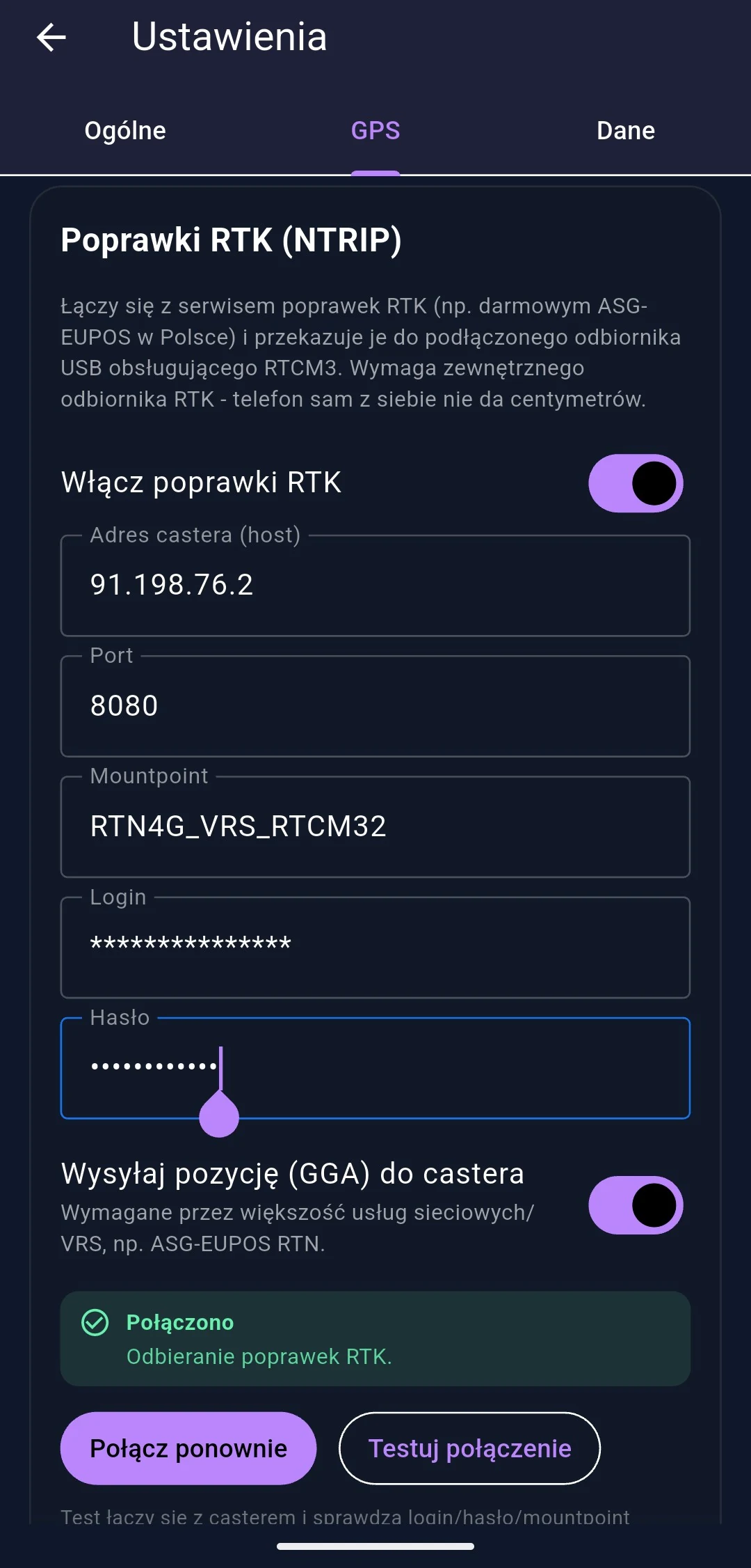 Ekran ustawień RTK w aplikacji Field Master GPS