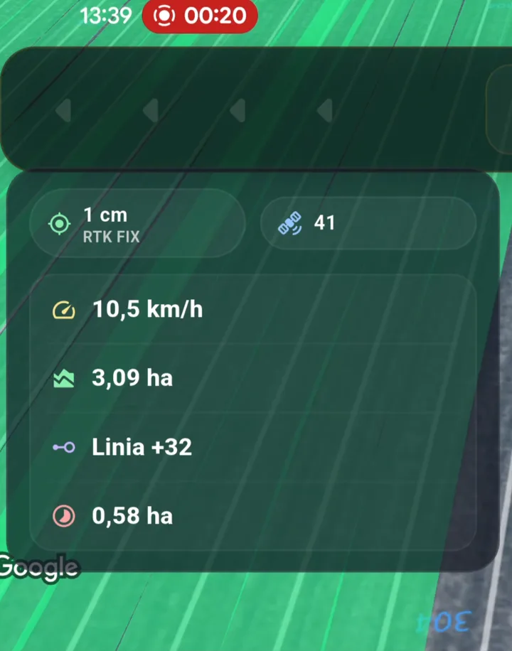 Field Master GPS: dokładność 1 cm i status RTK FIX, 41 satelitów, praca przy 10,5 km/h
